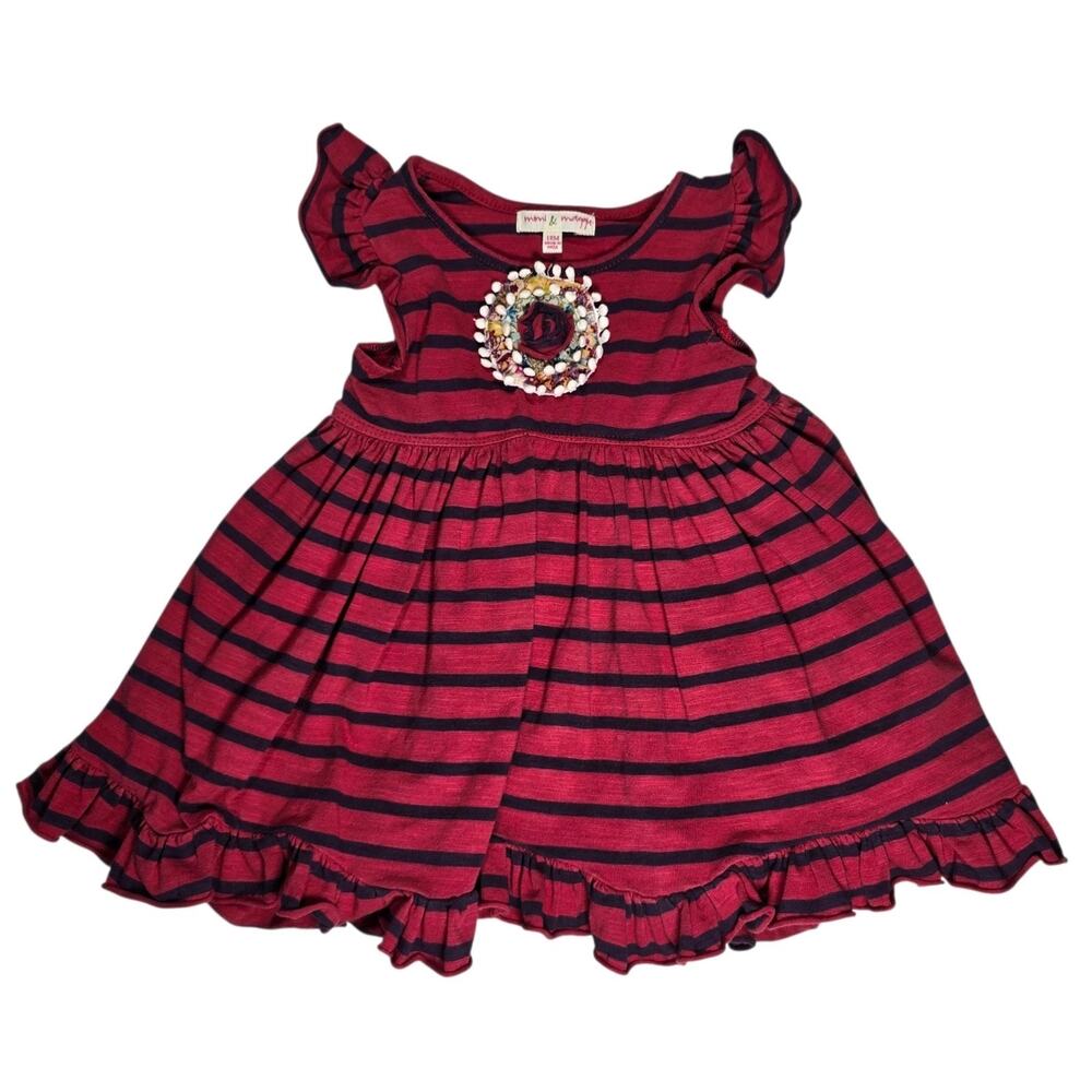 Mimi & Maggie Girls Striped Ruffle Dress Size 18M Red Navy Floral Applique Boho